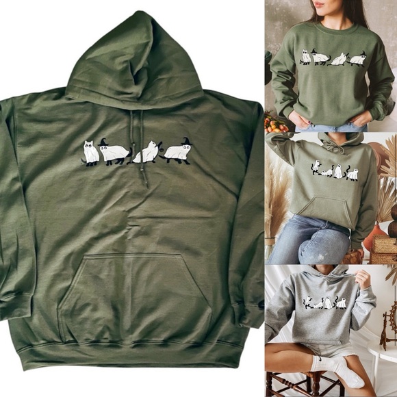 ✨HP✨ NEW NWOT Halloween Ghost Cat Hoodie Pullover Sweatshirt XL Green - Picture 1 of 9